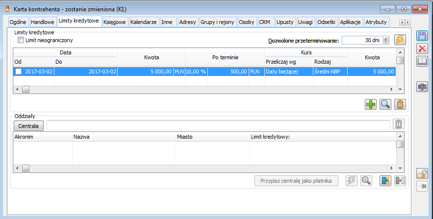 Karta kontrahenta, zakładka: Limity kredytowe.