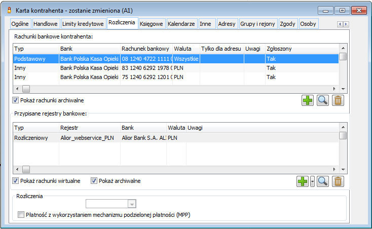 Karta kontrahenta, zakładka: Rozliczenia