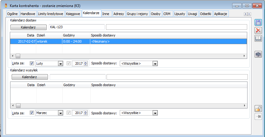 Karta kontrahenta, zakładka: Kalendarze.