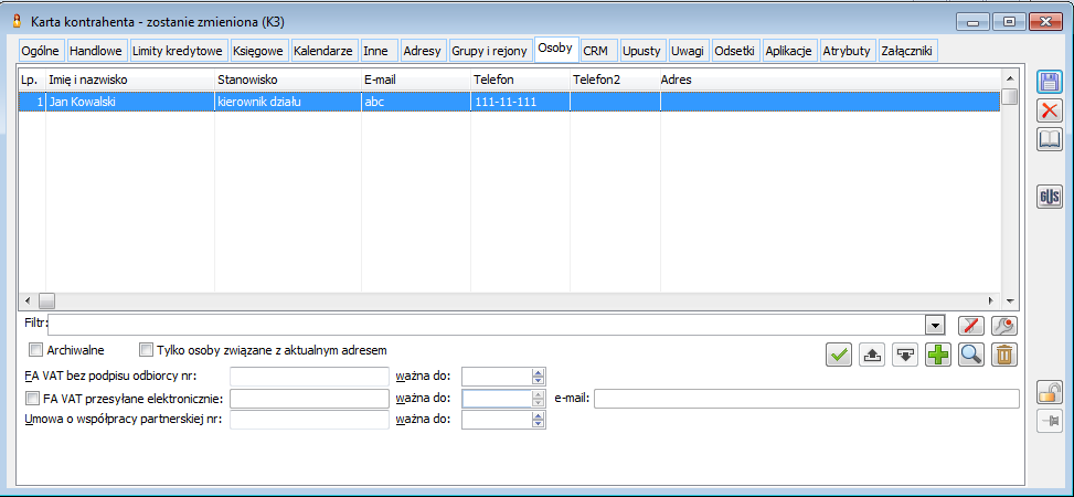 Karta kontrahenta, zakładka: Osoby.