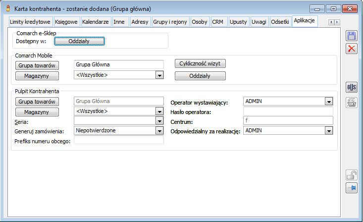Karta kontrahenta, zakładka: Aplikacje.