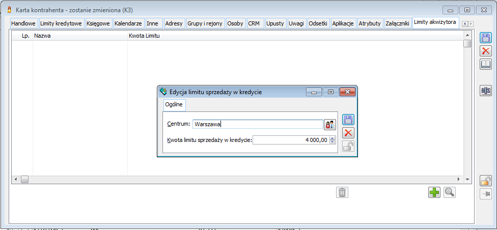  Karta kontrahenta, zakładka: Limity akwizytora