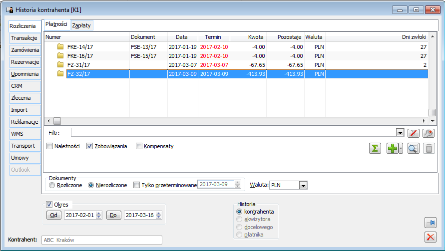 Historia kontrahenta, zakładka: Rozliczenia.