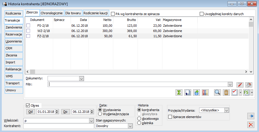 Historia kontrahenta, zakładka: Transakcje/Zbiorczo.