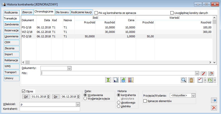 Historia kontrahenta, zakładka: Transakcje/Chronologicznie.