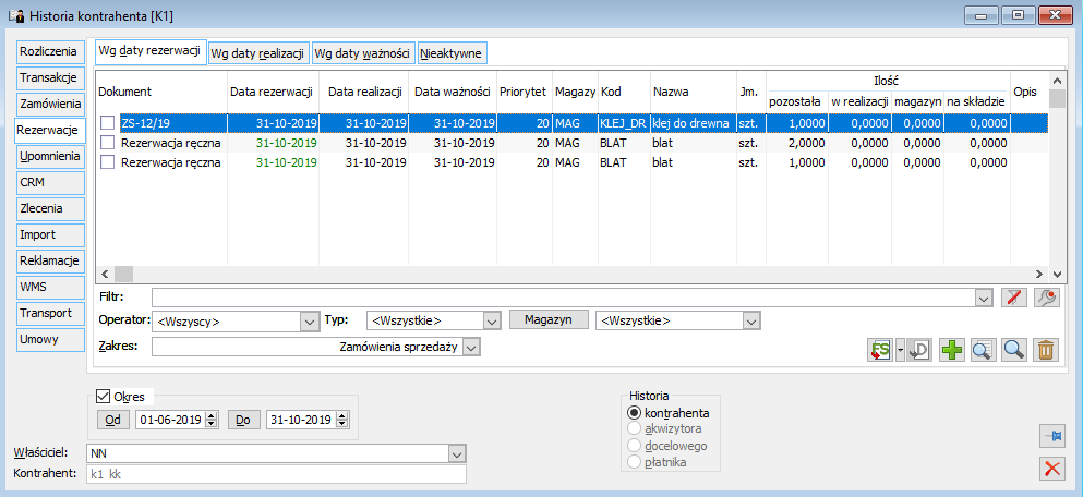 Historia kontrahenta, zakładka: Rezerwacje.