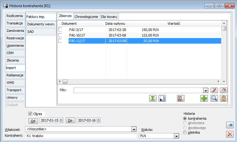 Historia kontrahenta, zakładka: Import.
