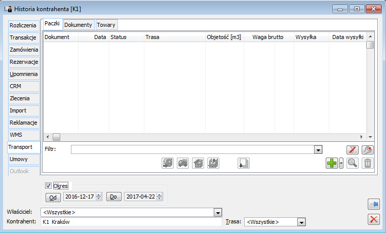 Historia kontrahenta, zakładka: Transport/Paczki.