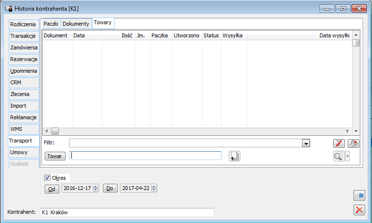 Historia kontrahenta, zakładka: Transport/Towary.