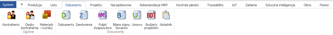 Menu główne, zakładka Dokumenty