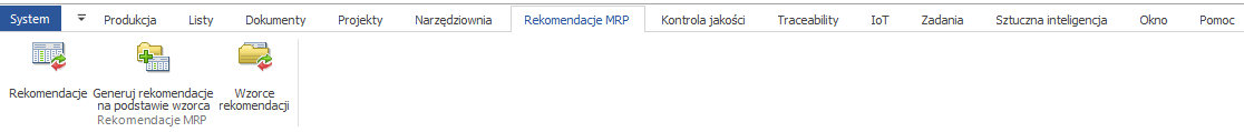 Menu główne, zakładka Rekomendacje MRP