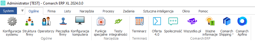 Menu główne i pasek narzędzi modułu: Administrator.