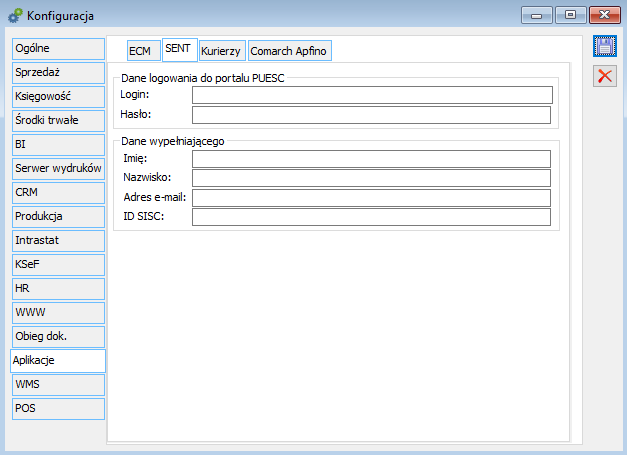 Konfiguracja/Aplikacje, zakładka SENT