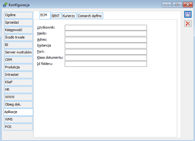 Konfiguracja/Aplikacje, zakładka ECM