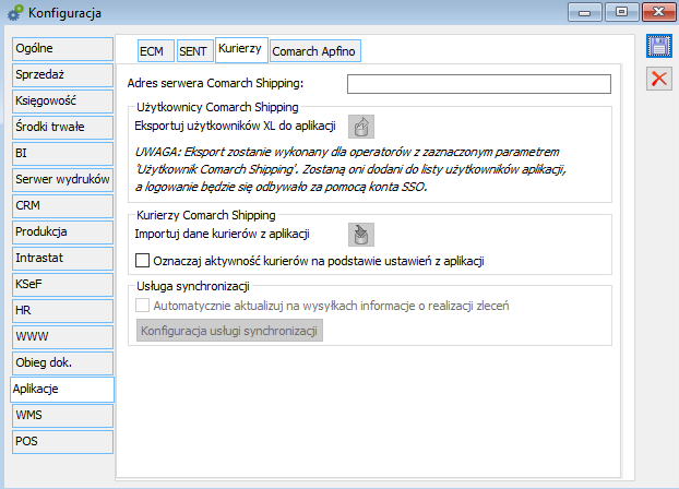 Konfiguracja/Aplikacje, zakładka Kurierzy