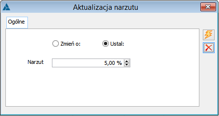 Aktualizacja narzutu, okno wywołane z planu budżetu.