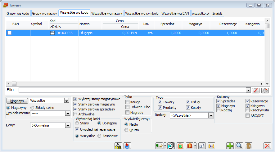 Lista towarów, zakładka: Wszystkie według kodu.