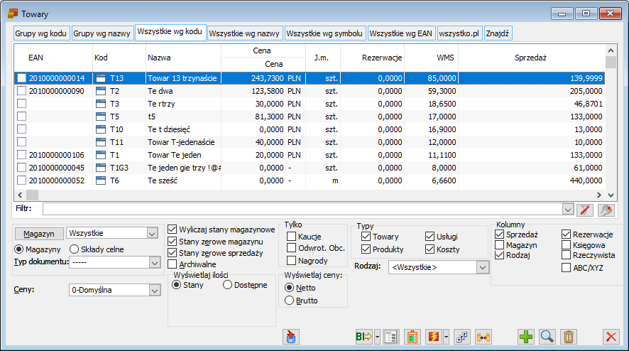 Lista towarów z kolumną WMS.