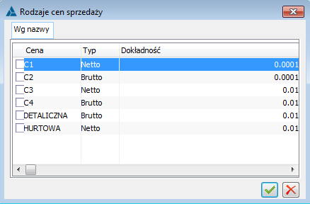 Okno: Rodzaje cen sprzedaży.
