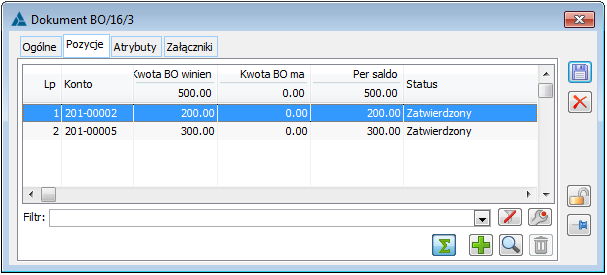 Dokument BO, zakładka Pozycje.