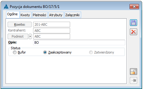 Pozycja dokumentu BO, zakładka Ogólne.