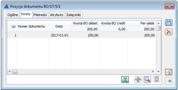 Pozycja dokumentu BO, zakładka: Kwoty.