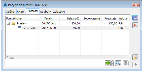 Pozycja dokumentu BO, zakładka: Płatności.