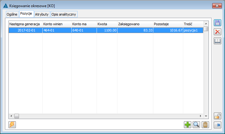 Księgowanie okresowe, zakładka Pozycje