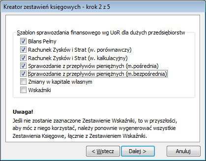 Okno: Kreator zestawień księgowych – krok 2 z 5