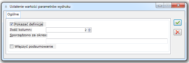 Wydruk definicji zestawienia księgowego, Ustalenie wartości parametrów wydruku