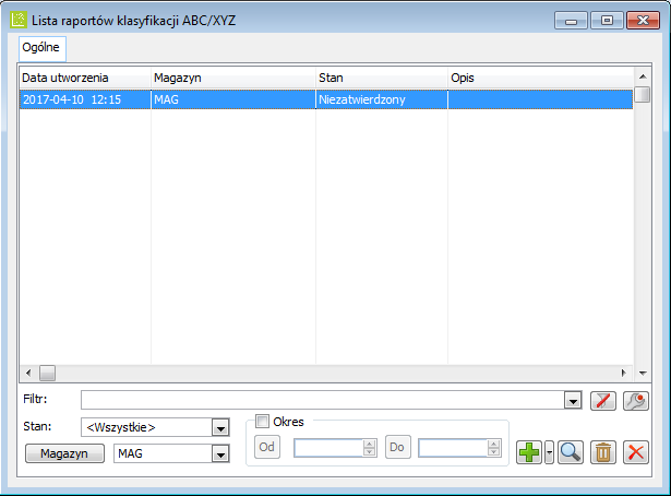Okno: Lista raportów klasyfikacji ABC/XYZ.