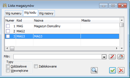 Okno: Lista magazynów.
