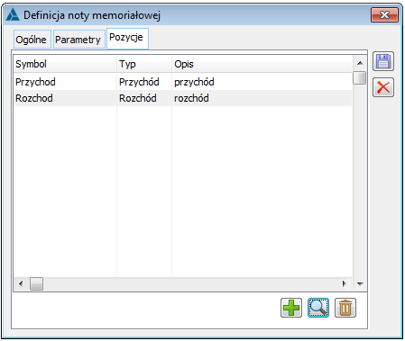  Definicja noty memoriałowej, zakładka: Pozycje