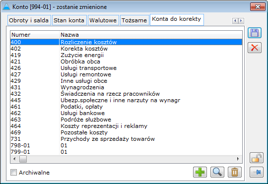 Konto, zakładka Konta do korekty.