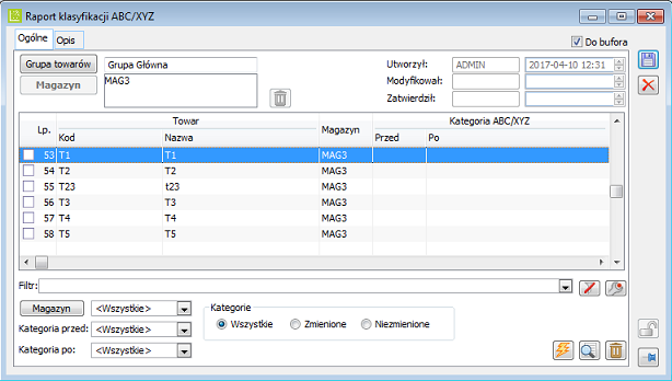 Okno: Raport klasyfikacji ABC/XYZ dla opcji Raport ręczny -magazyn.