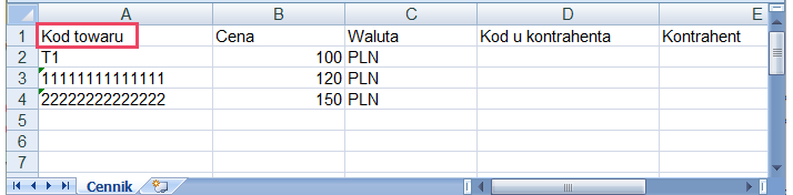 Import cennika z arkusza – zmiany w zakresie identyfikacji towaru na podstawie kolumny Kod towaru