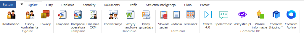 Menu i pasek narzędzi modułu: CRM