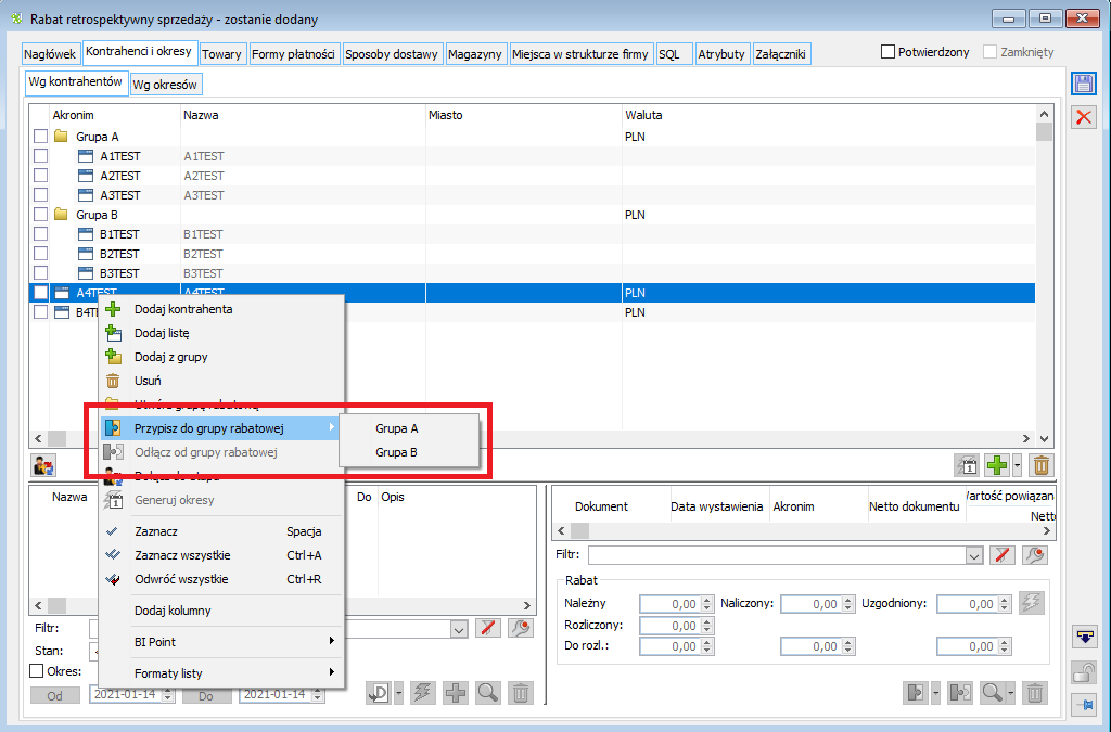 Przypisywanie kontrahenta do grupy retro i inne opcje menu kontekstowego dla grupy retro.