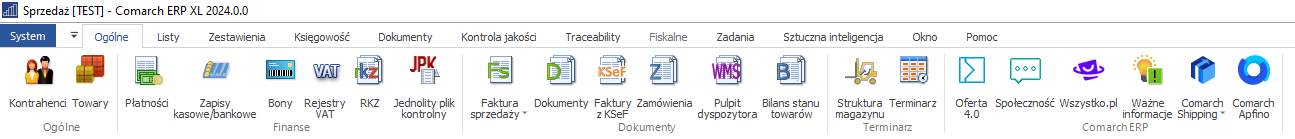 Menu główne oraz pasek narzędzi(dla typu interfejsu - wstążka) modułu: Sprzedaż.