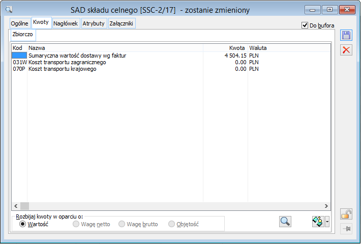 SAD Składu Celnego, zakładka: Kwoty.