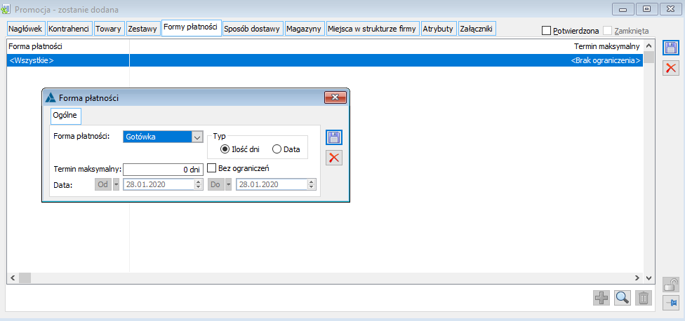 Promocja typu PRM, zakładka: Formy płatności.