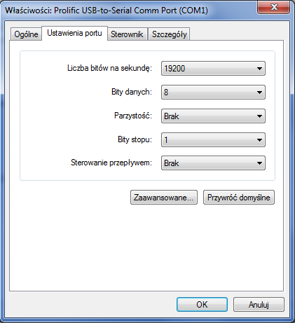 Parametry portu COM, przez który będzie prowadzona transmisja danych