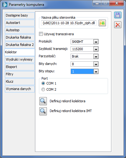 Parametry komputera dla kolektora OPTICON PHL2700