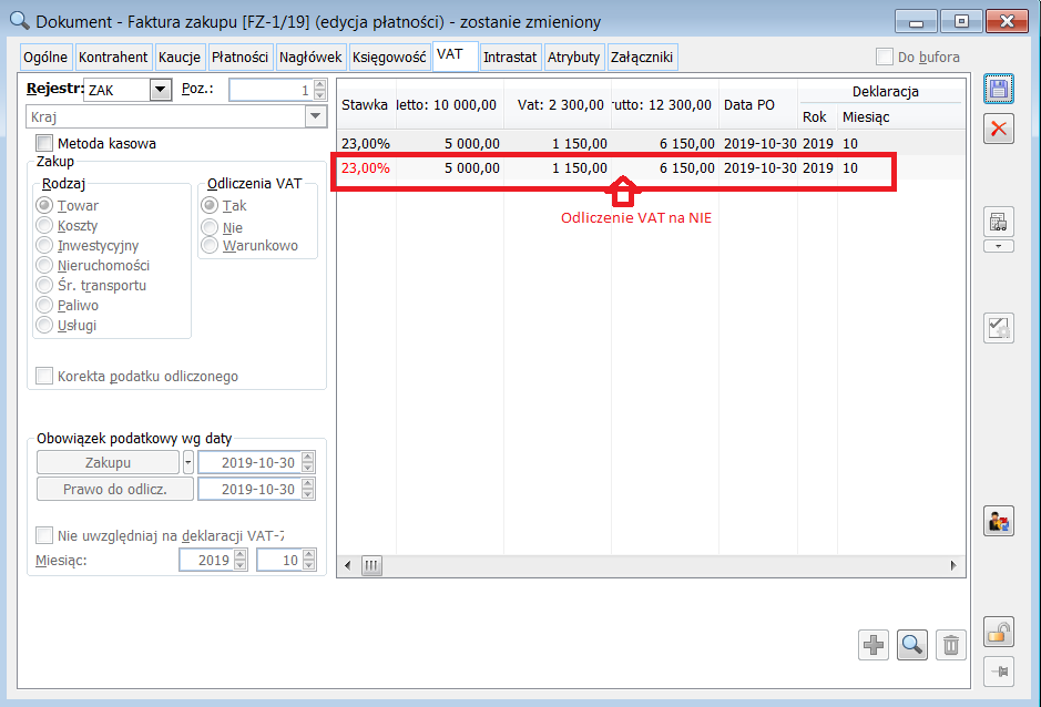 Faktura zakupu FZ-1/19. Tabelka VAT: dwie pozycje. Na drugiej wybrano parametr Odliczenia Nie. VAT nieodliczony 1.150,00.
