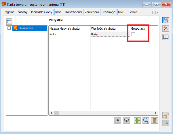 Karta towaru, zakładka Atrybuty, parametr Grupujący