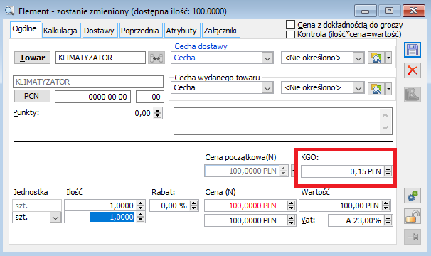 KGO na elemencie dokumentu WZ