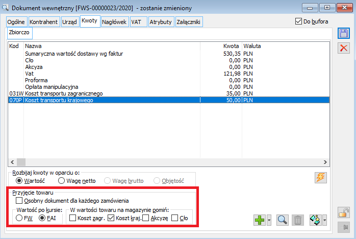 Zakładka Kwoty -> Zbiorczo na dokumencie FWS