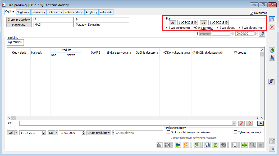 Ustawienie sposobu przeliczania Planu produkcji jako „Wg terminu” oraz zakresu dat, w jakim przeliczany ma być Plan