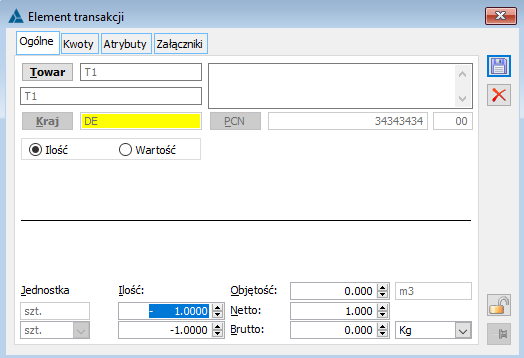 Element transakcji FKS, zakładka: Ogólne.