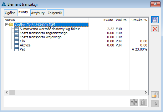 Element transakcji FKS, zakładka: Kwoty.